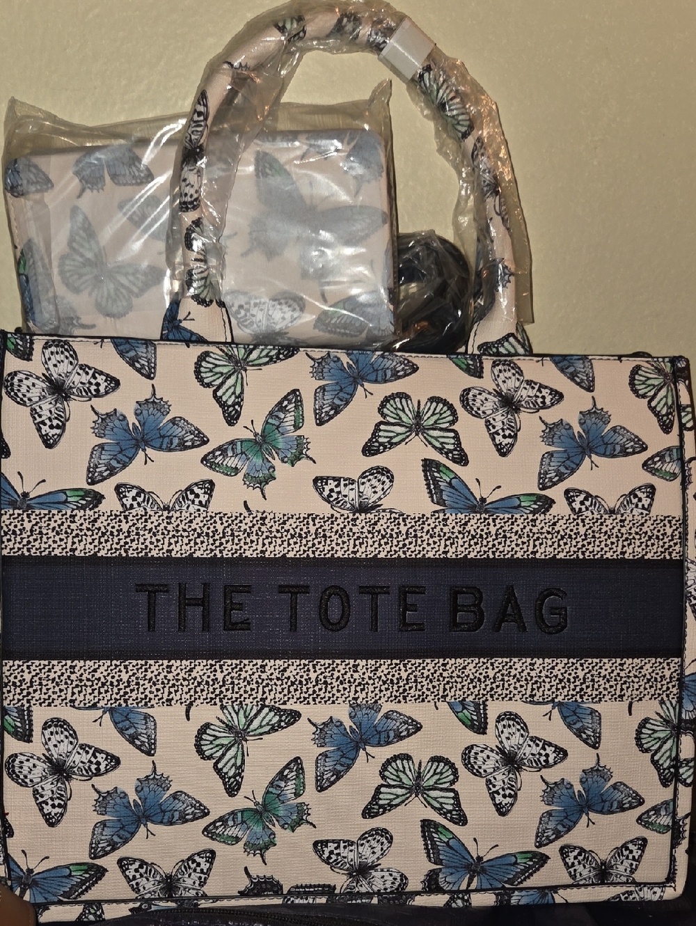 Butterfly Print Tote Bag W/ Wallet And Strap in Beige and Blue - The Tote Bag